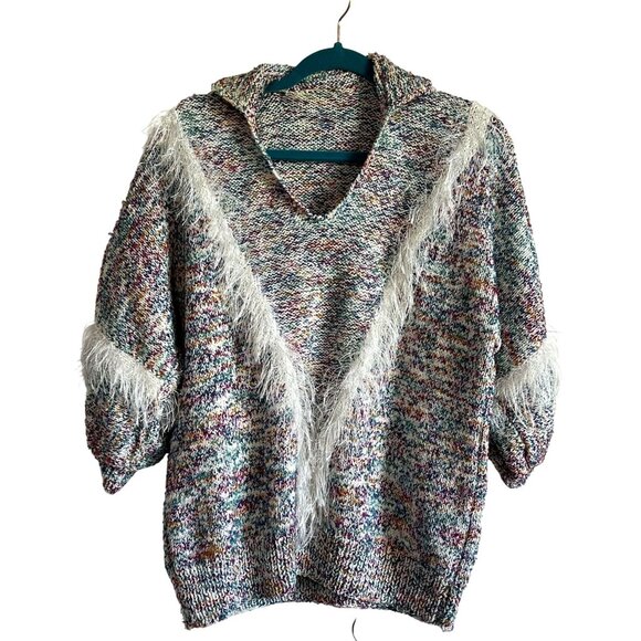 Beautiful Knit Sweater Multicolor Fringe Detail Collar Warm Cozy - Picture 1 of 5